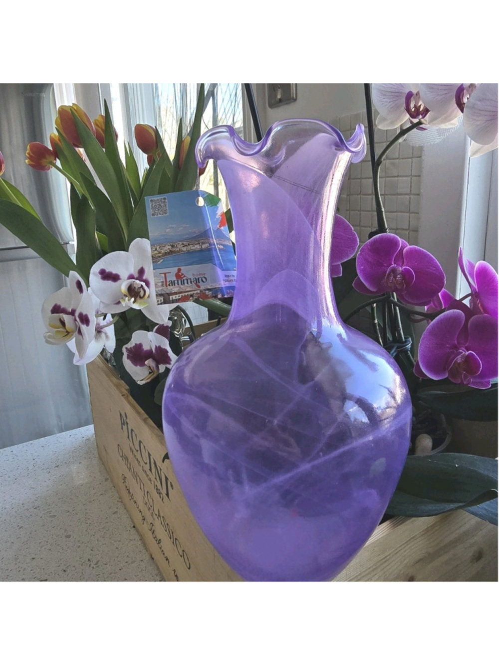 Vetro Eseguito Secondo Murano ItalyHand Blown Purple Swirl Glass Vase 12” NWT #1